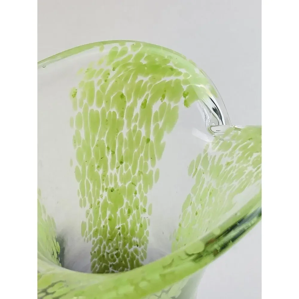 Art Glass Blown Vase 8” Blue Lime Green Splatter Speckle Stripe Wide Mouth Flare